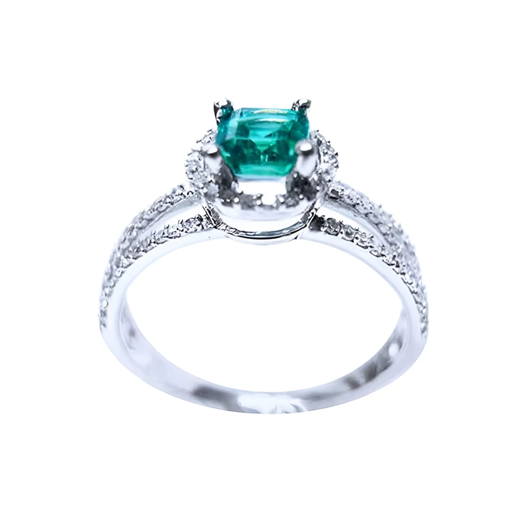 14K white gold engagement ring with a square emerald centerpiece and three rows of halo diamonds.