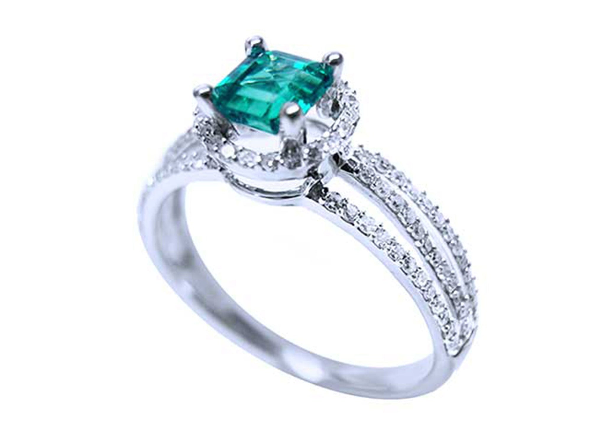 An affordable emerald engagement ring side profile view.