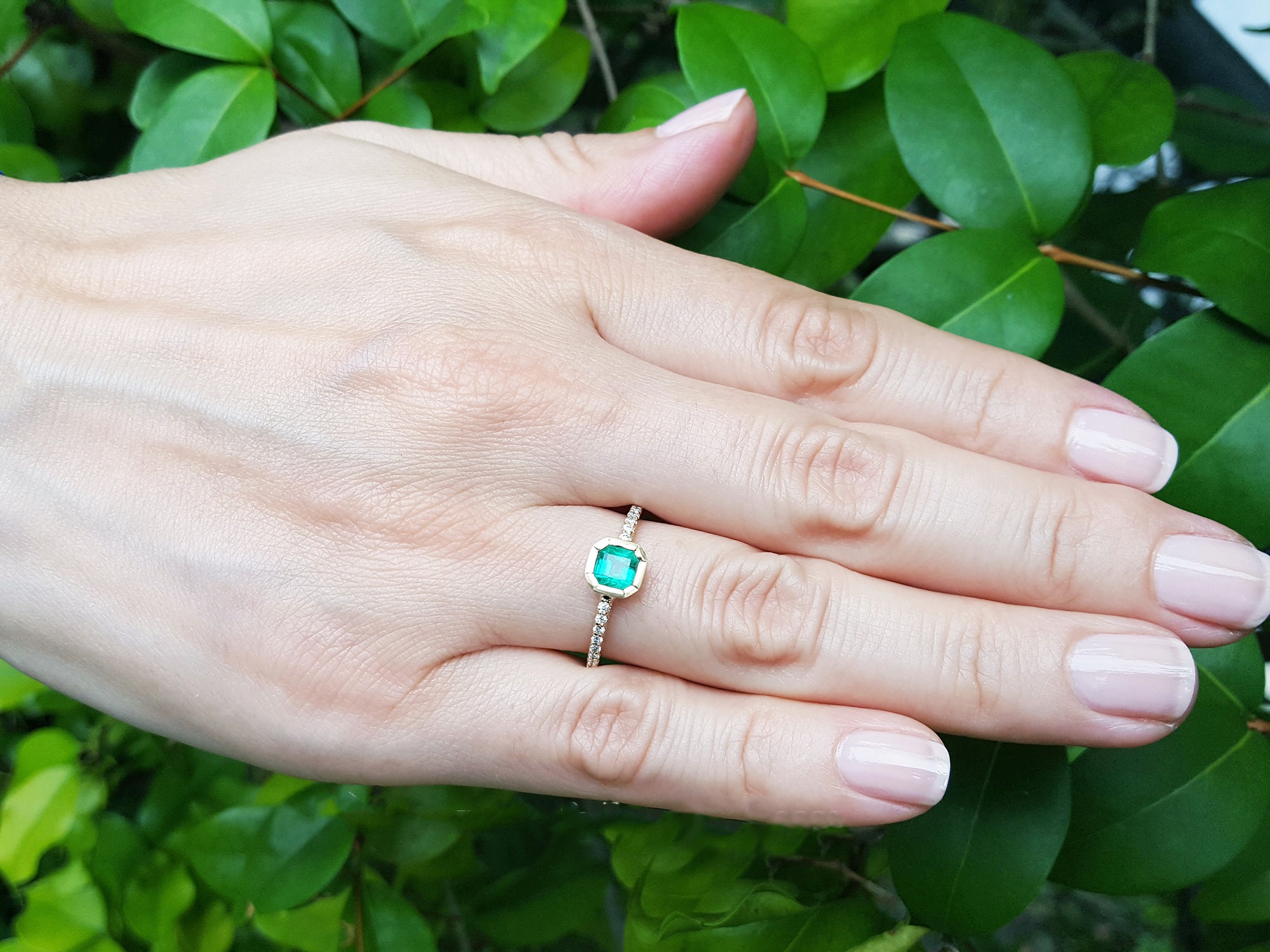 Hand wearing a ring with a green gemstone against a green leafy background