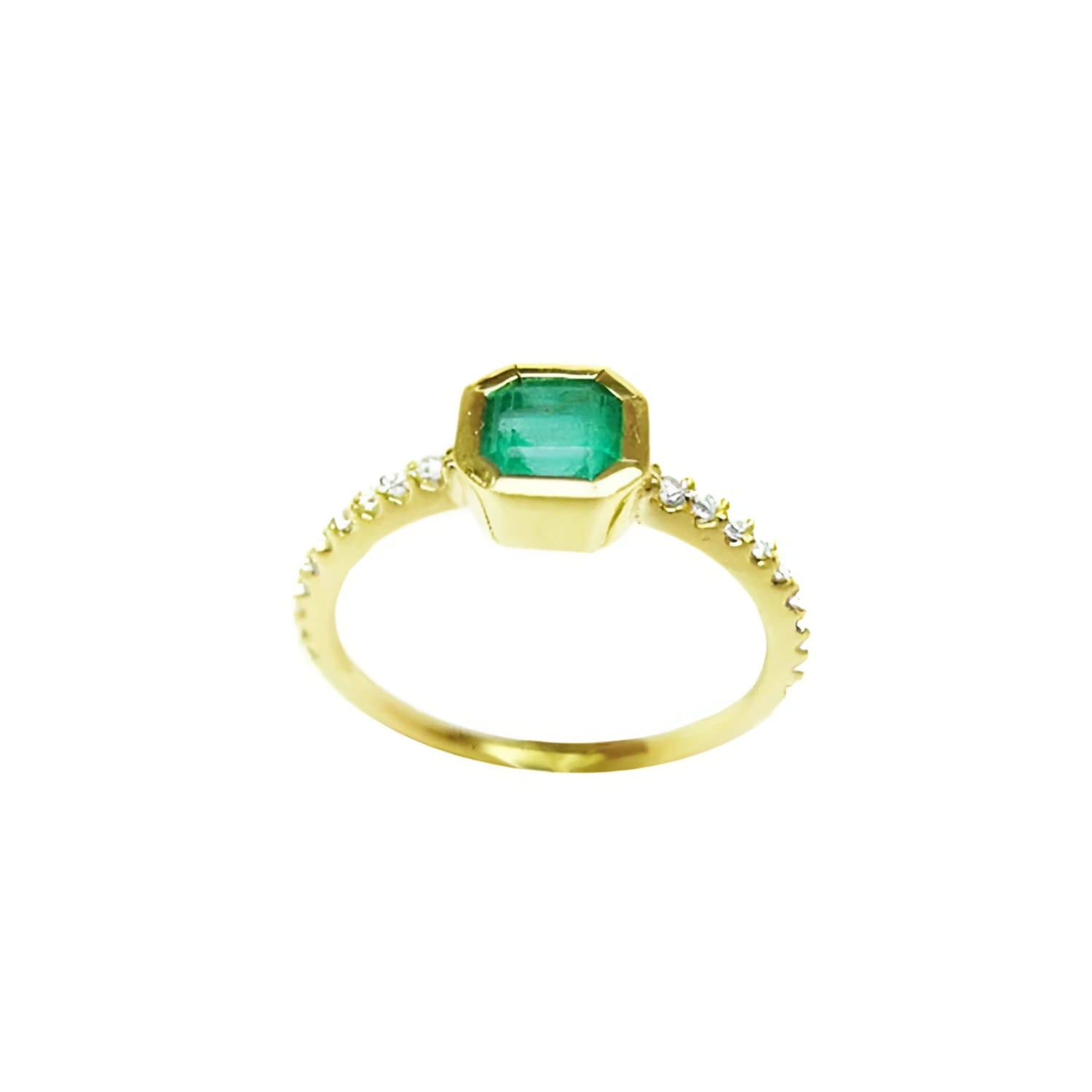 14K yellow gold ring with a medium green emerald in a tapered bezel, flanked by natural diamonds.