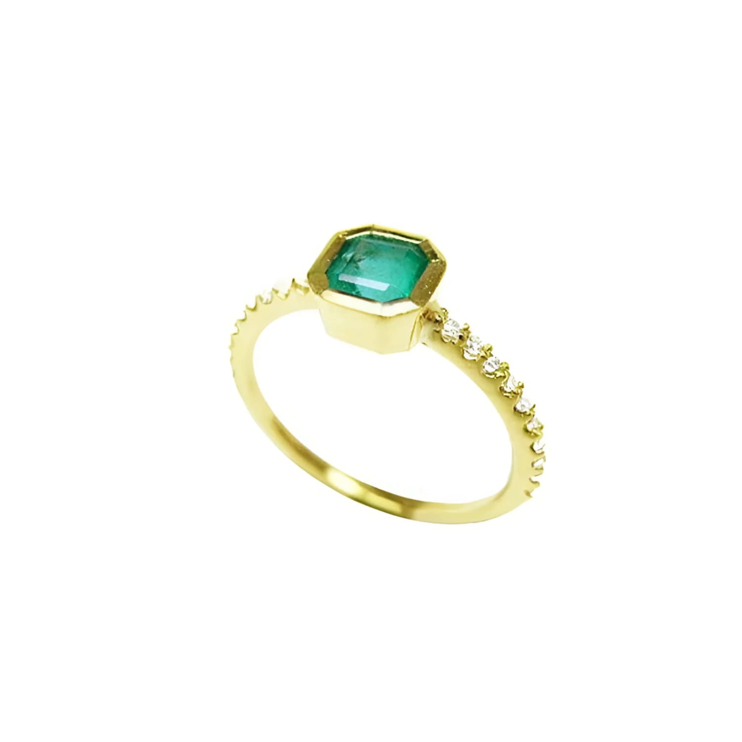 14K yellow gold ring with a bezel-set octagonal emerald and diamond accents on the band.