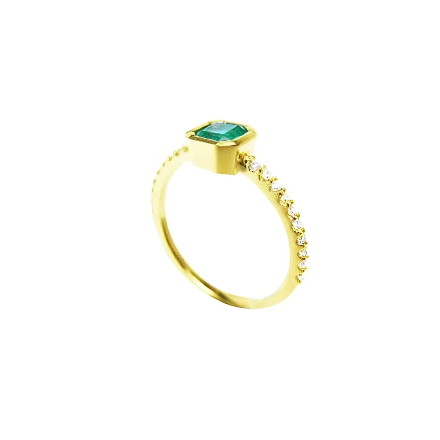 14K yellow gold ring with a square-cut Colombian emerald in a tapered bezel, flanked by natural diamonds.
