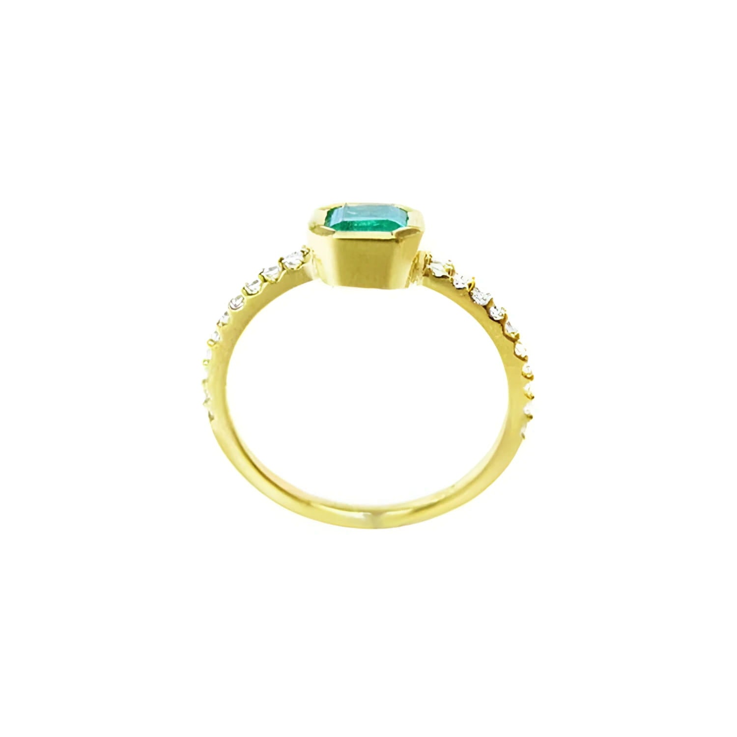 14K yellow gold ring with a medium green emerald in a tapered bezel, flanked by natural diamonds.