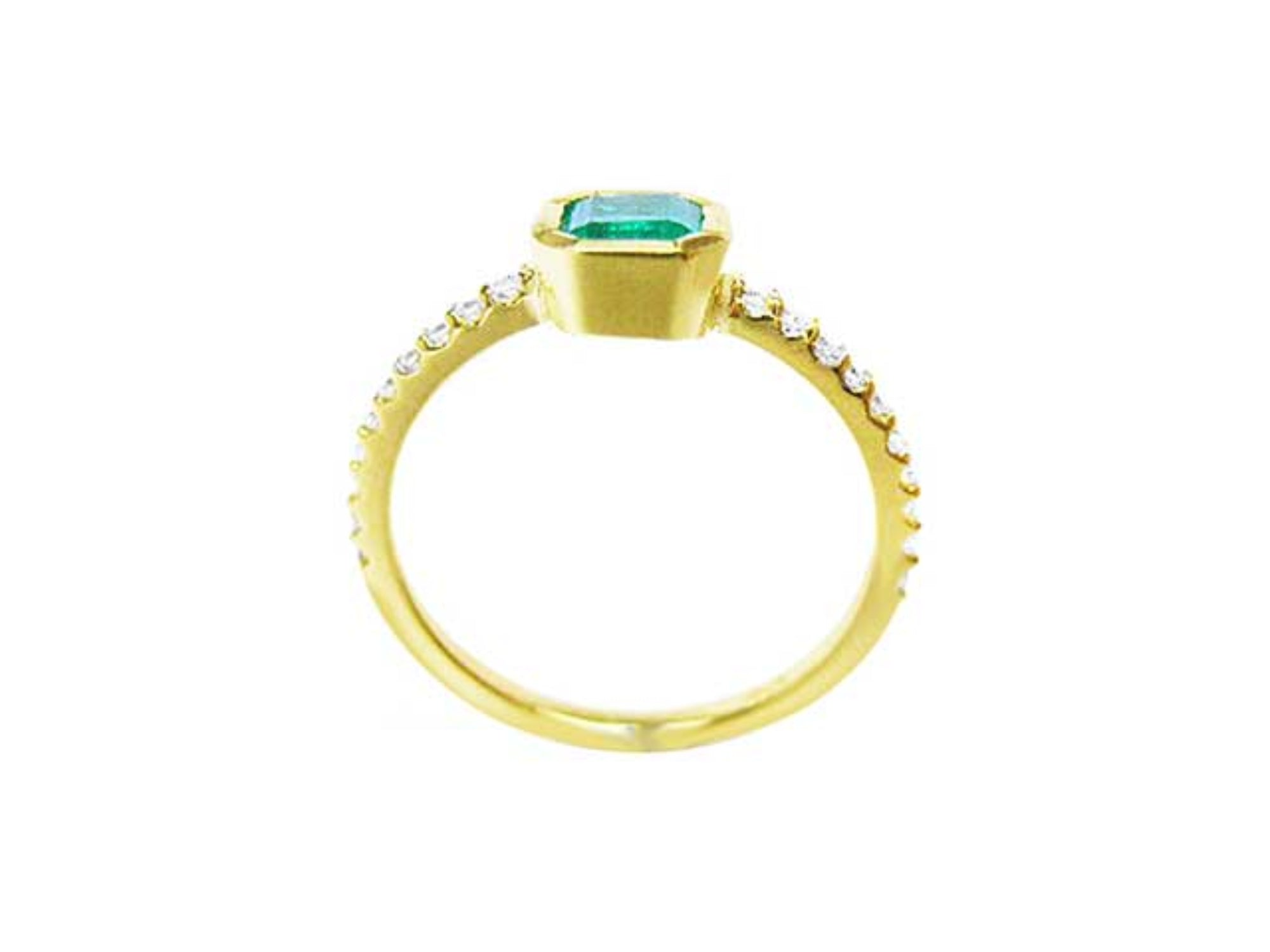 A detailed view of an emerald bezel set ring, highlighting the top, side gallery, and band.