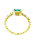 A detailed view of an emerald bezel set ring, highlighting the top, side gallery, and band.