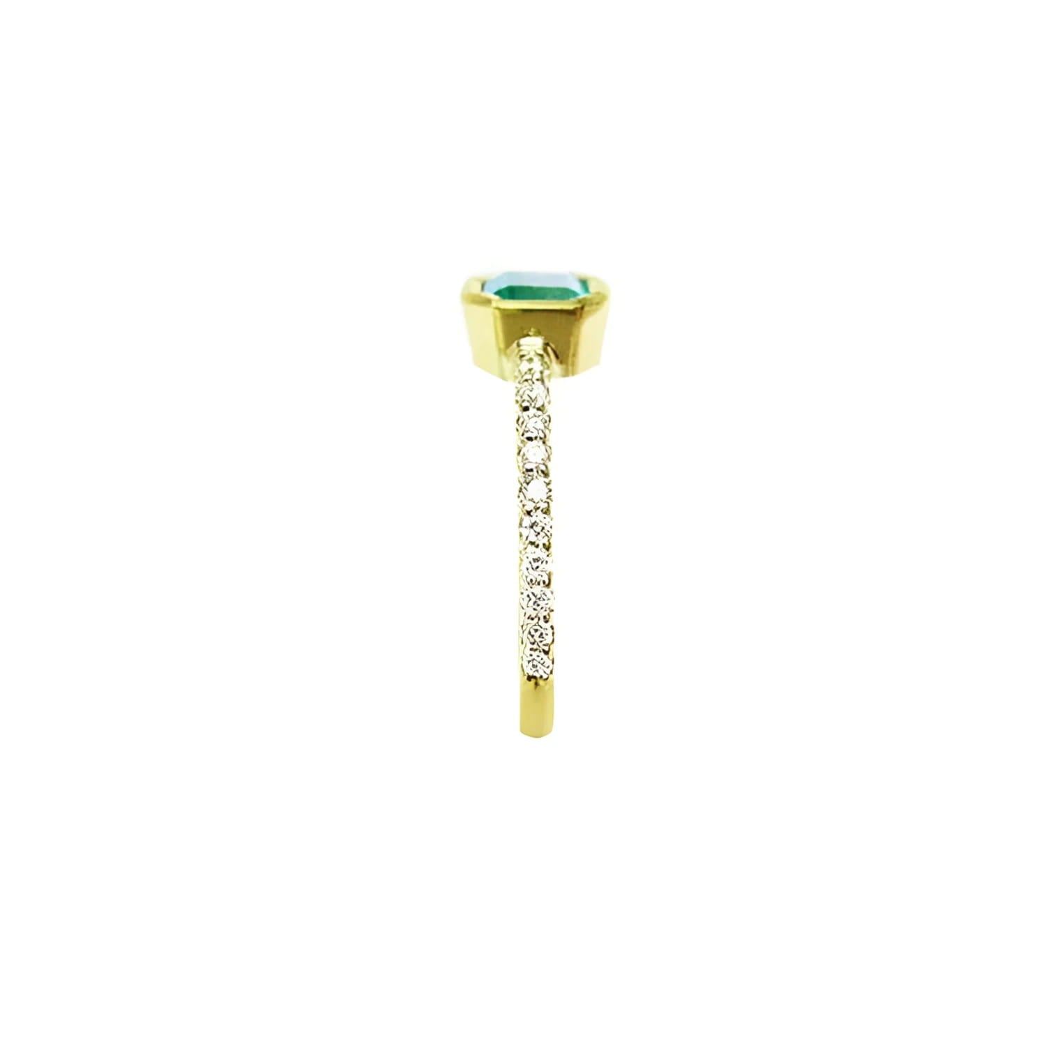 14K yellow gold ring with a medium green emerald in a tapered bezel and diamond-accented band.