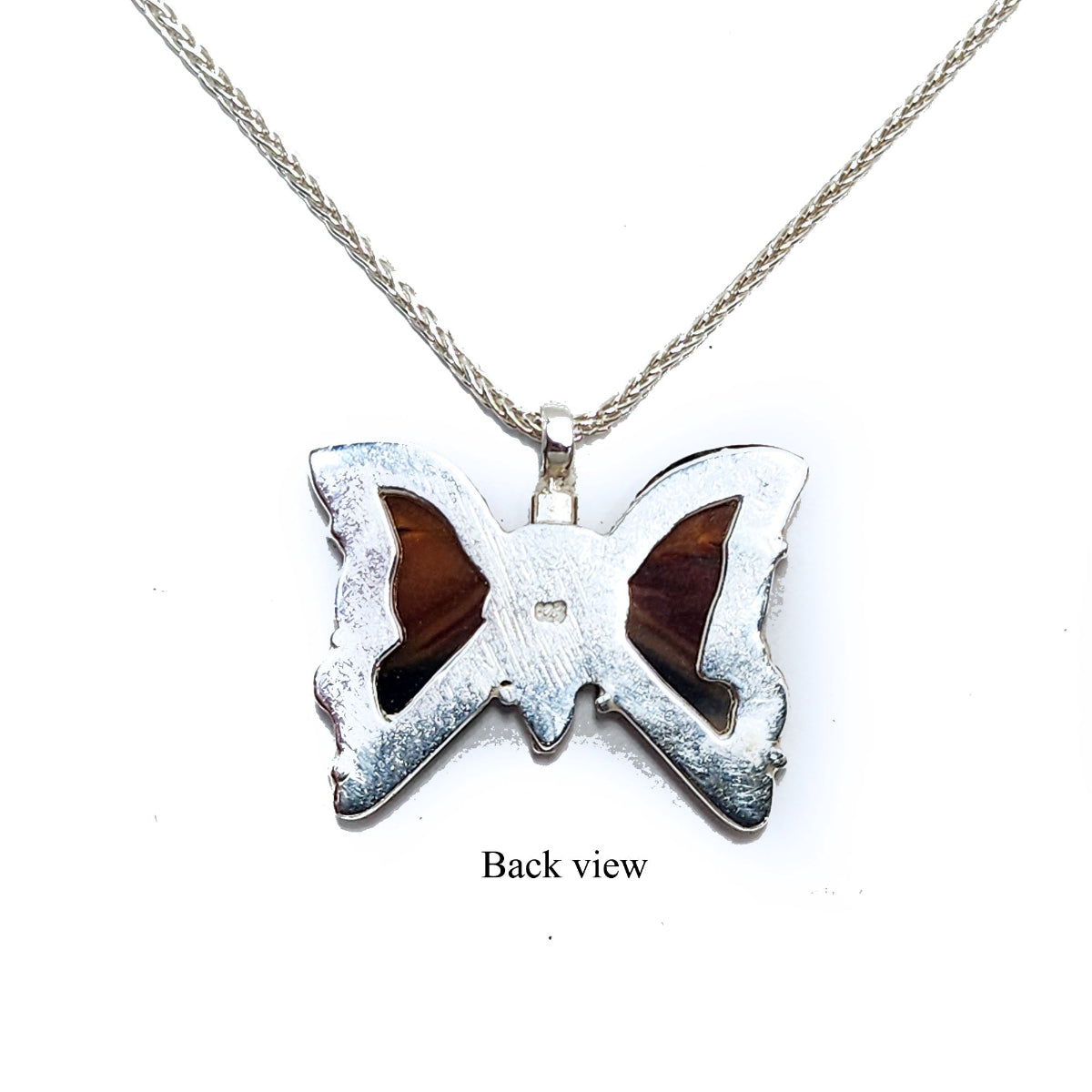 Butterfly-shaped pendant on a chain with &#39;Back view&#39; text on a white background