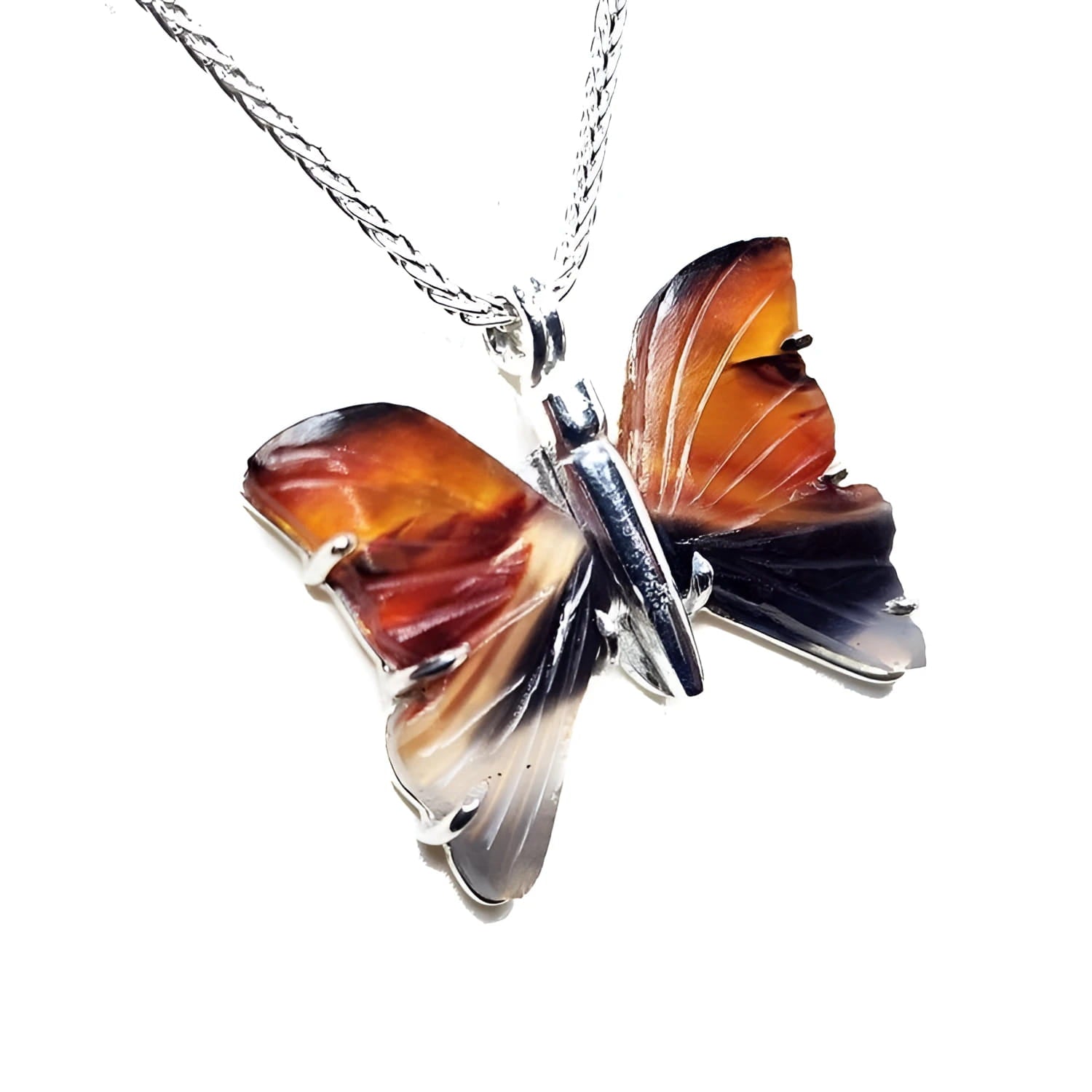 Sterling silver agate butterfly pendant necklace with orange, brown, and black wings.