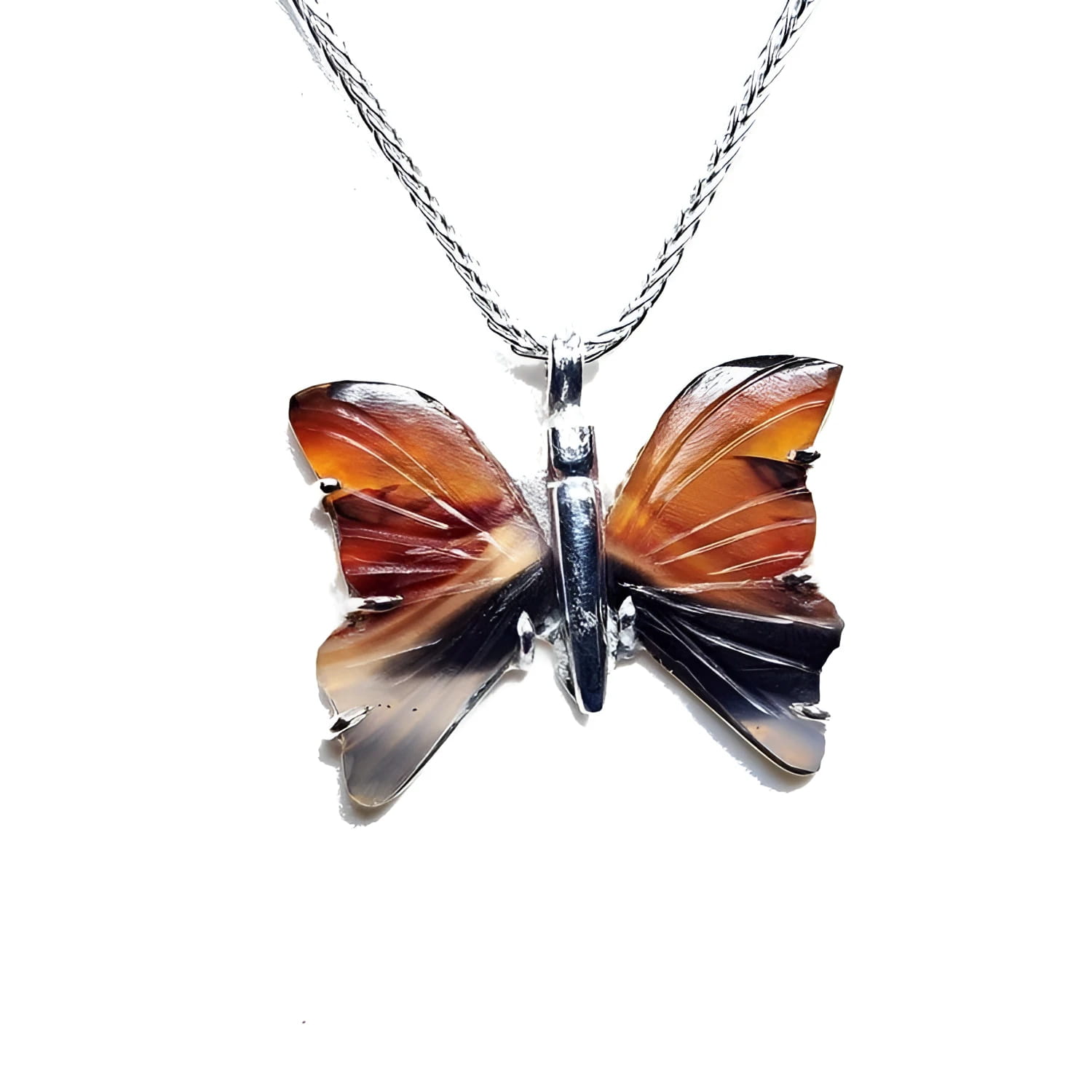 Sterling silver necklace with an orange, brown, and black agate butterfly pendant.