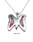 Butterfly-shaped pendant on a silver chain with a back view label on a white background