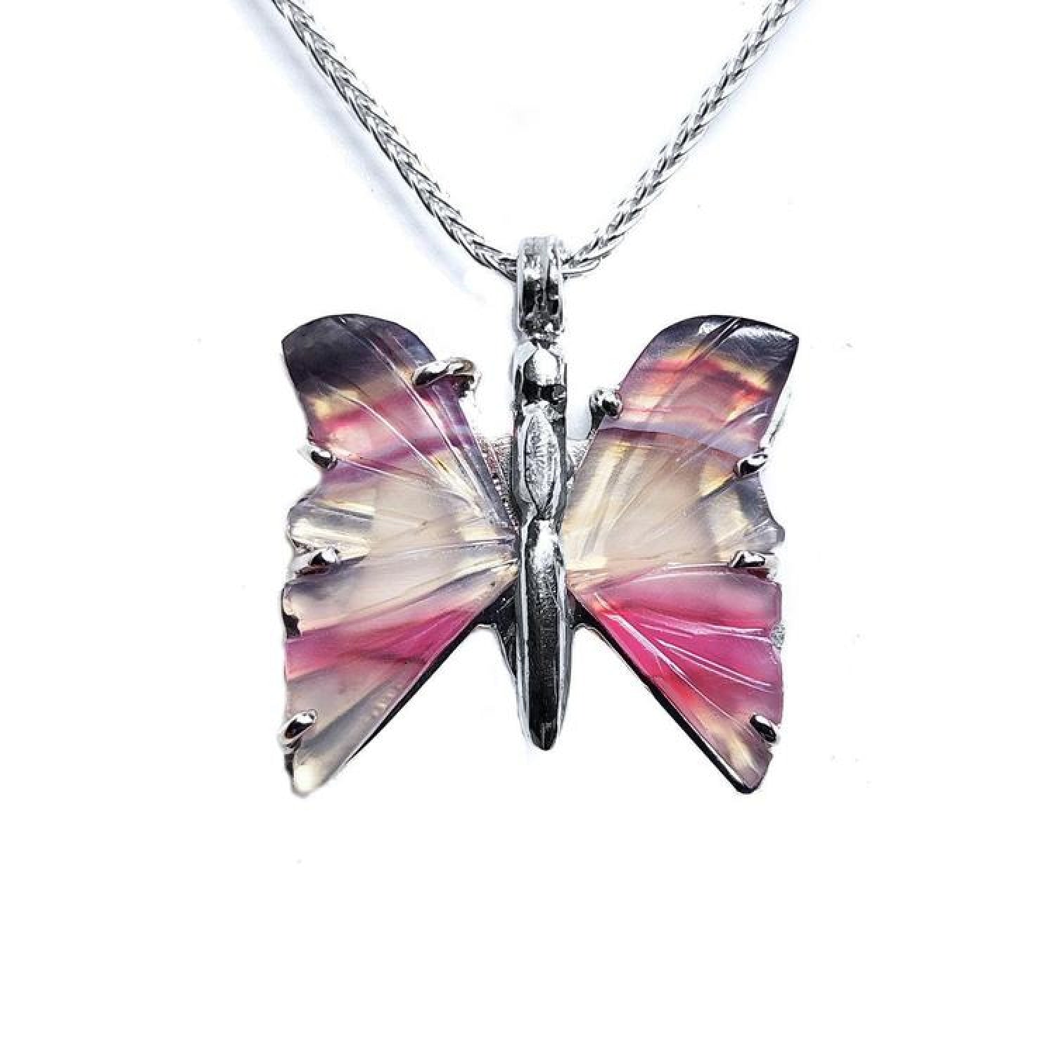 Handcrafted butterfly agate pendant necklace with rich pink wings in 925 sterling silver.