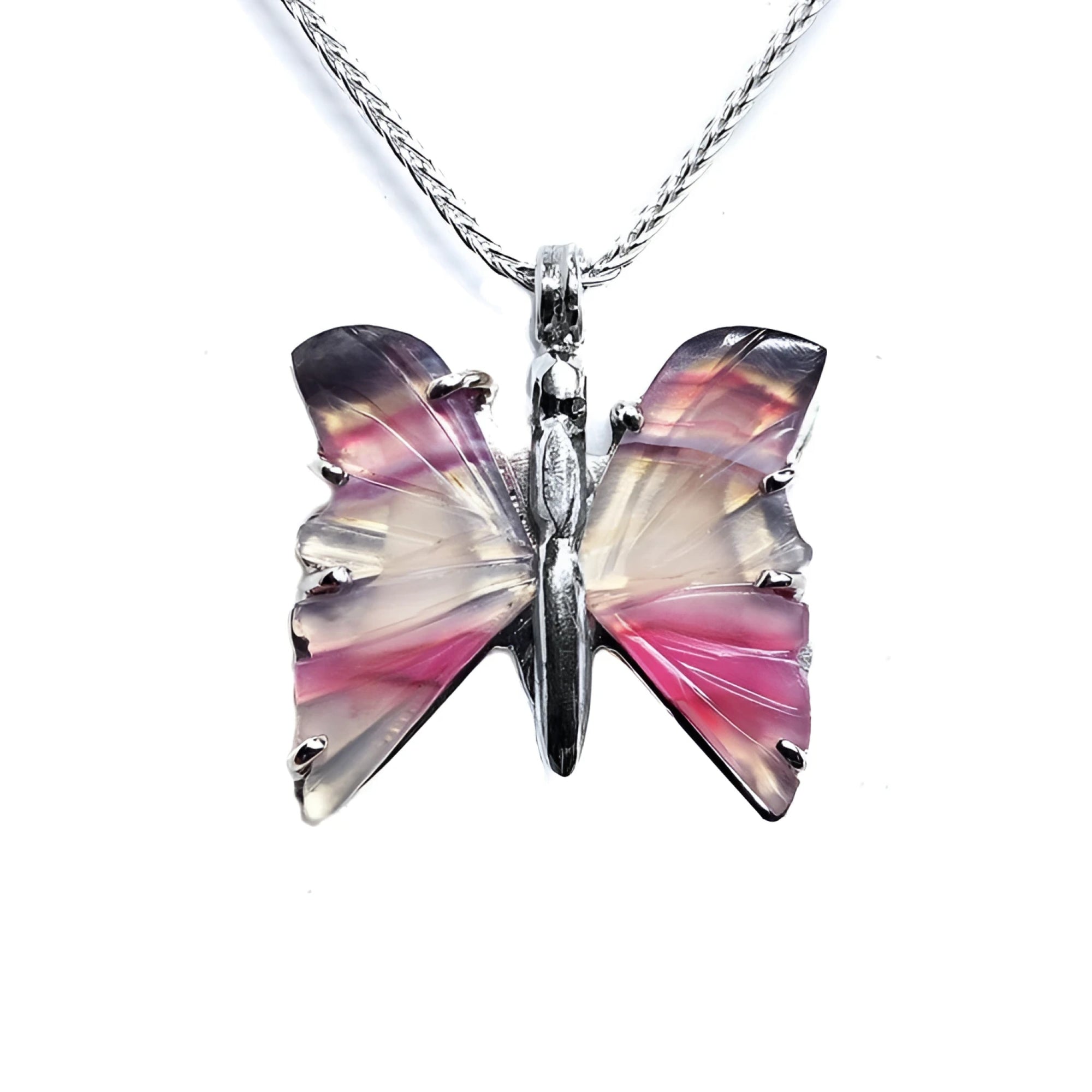 Handcrafted butterfly agate pendant necklace with rich pink wings in 925 sterling silver.