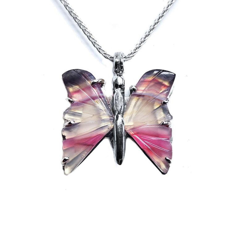 Handcrafted butterfly agate pendant necklace with rich pink wings in 925 sterling silver.