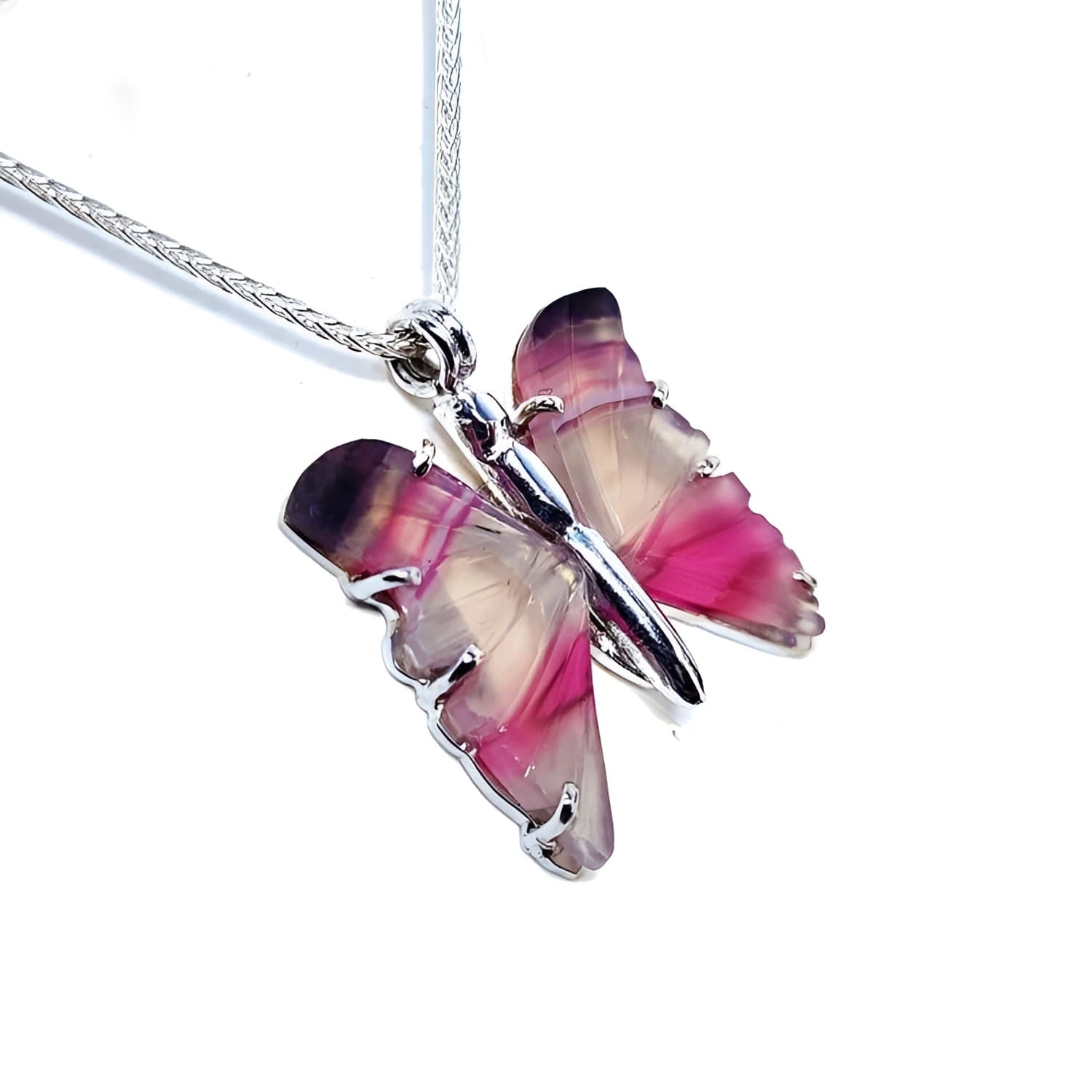 Handcrafted butterfly agate pendant necklace with pink wings and sterling silver.
