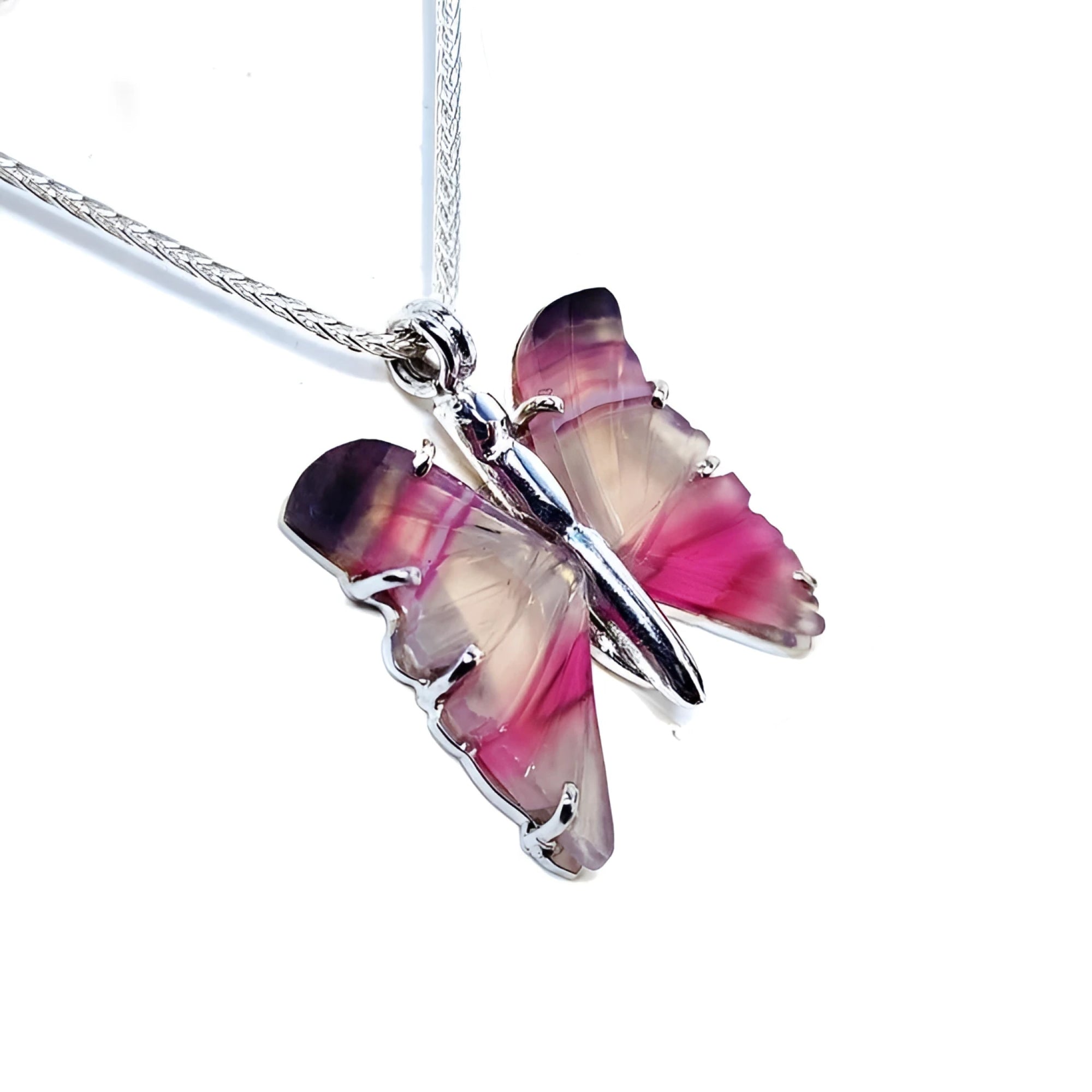 Handcrafted butterfly agate pendant necklace with pink wings and sterling silver.