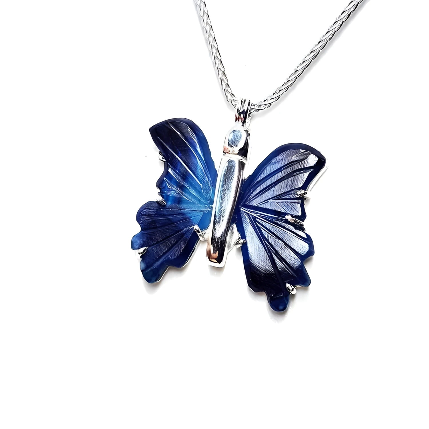 Dark blue natural agate butterfly pendant necklace with sterling silver chain.
