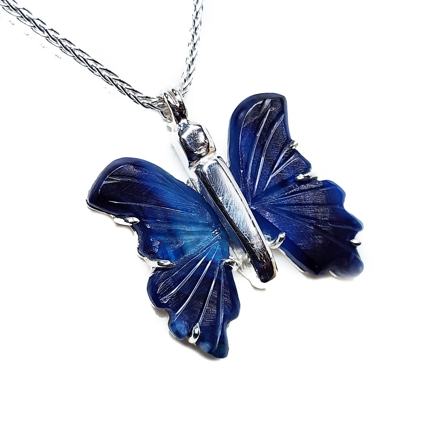 Dark Blue Natural Agate Butterfly Pendant Necklace Silver