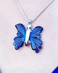 Dark Blue Natural Agate Butterfly Pendant Necklace Silver