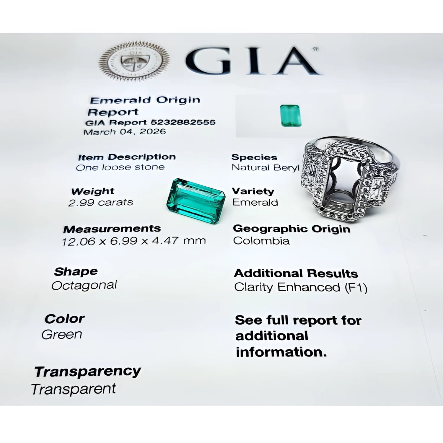 Anillo de compromiso de oro blanco con esmeralda colombiana rectangular de 2.99 ct y certificado GIA.