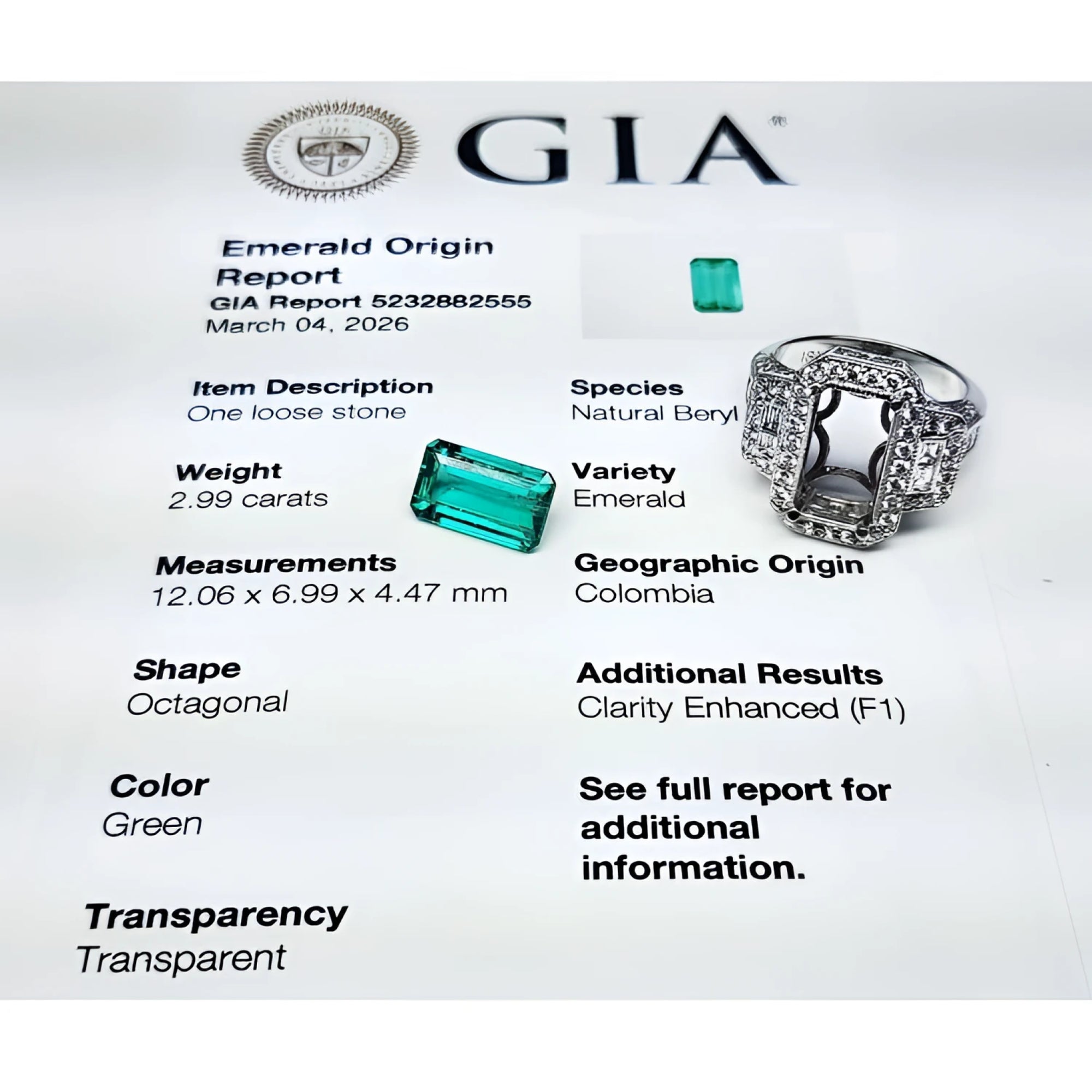 Anillo de compromiso de oro blanco con esmeralda colombiana rectangular de 2.99 ct y certificado GIA.