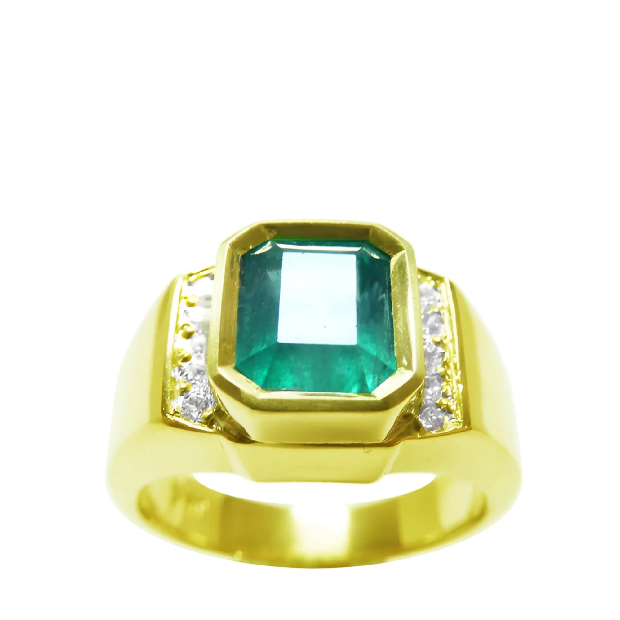 Fina colección de anillos para hombre con esmeralda colombiana elaborados en oro de 18k y 14k, adornados con diamantes naturales.