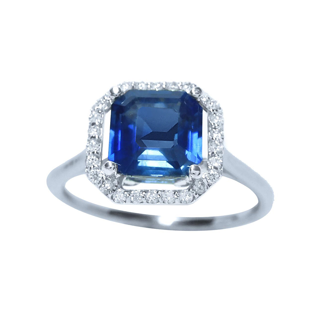 1.56 ct. Asscher cut Blue Sapphire Ring for Women Halo Diamonds 18k White Gold