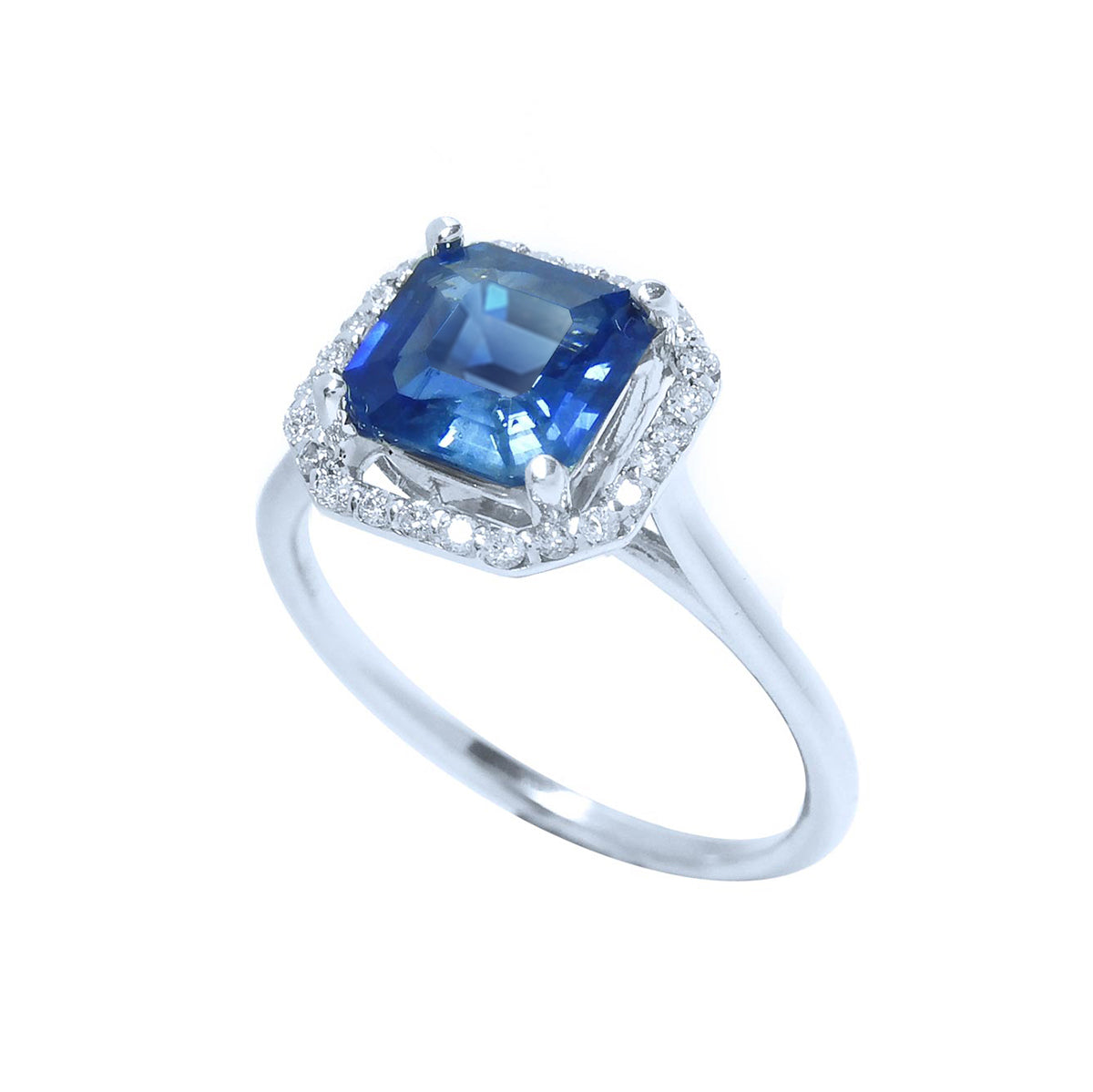 1.56 ct. Asscher cut Blue Sapphire Ring for Women Halo Diamonds 18k White Gold