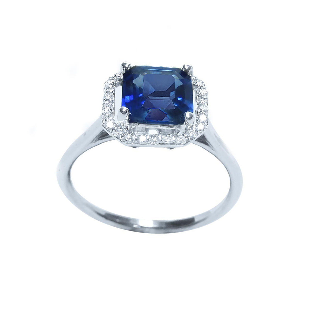 1.56 ct. Asscher cut Blue Sapphire Ring for Women Halo Diamonds 18k White Gold