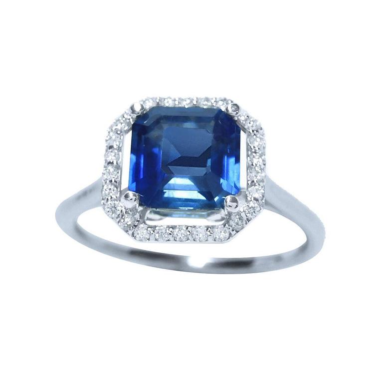 Asscher cut blue sapphire ring for women halo diamonds 18k white gold, top full view fron side