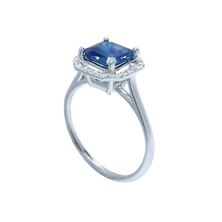 Asscher cut blue sapphire ring for women halo diamonds 18k white gold, half side top setting gallery and shank perspective