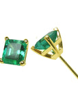 14k yellow gold emerald stud earrings asscher cut, top and side profile views.