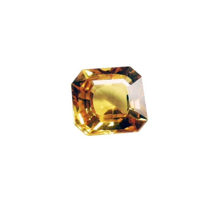 Asscher cut loose yellow sapphire natural gemstone, right-side position displaying able and crown