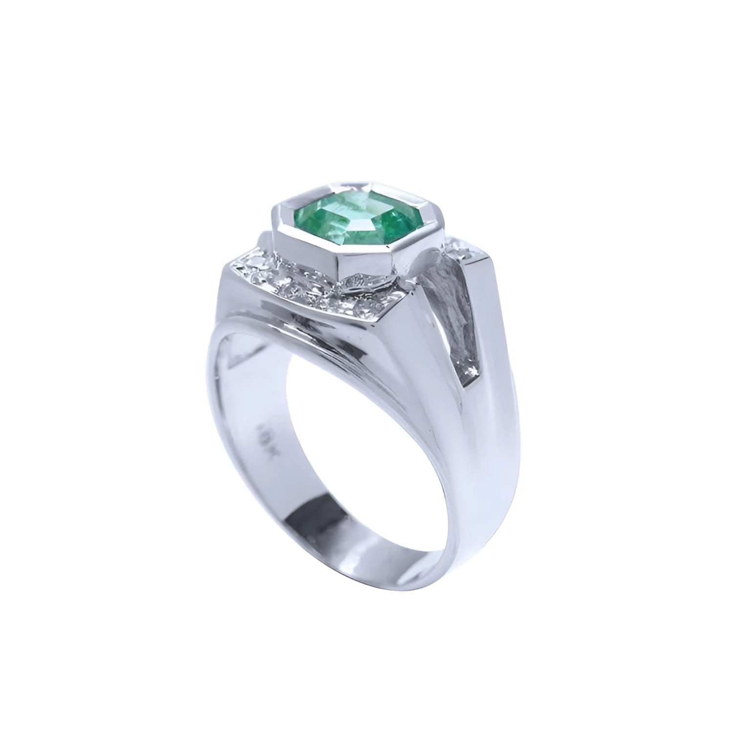 Men's 18K white gold ring with a bezel-set, vibrant bluish-green asscher-cut emerald.