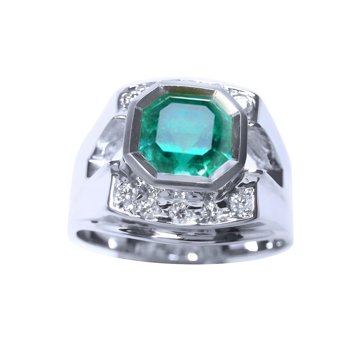This asscher cut men's emerald ring is made of 18k white gold with accent natural diamonds.