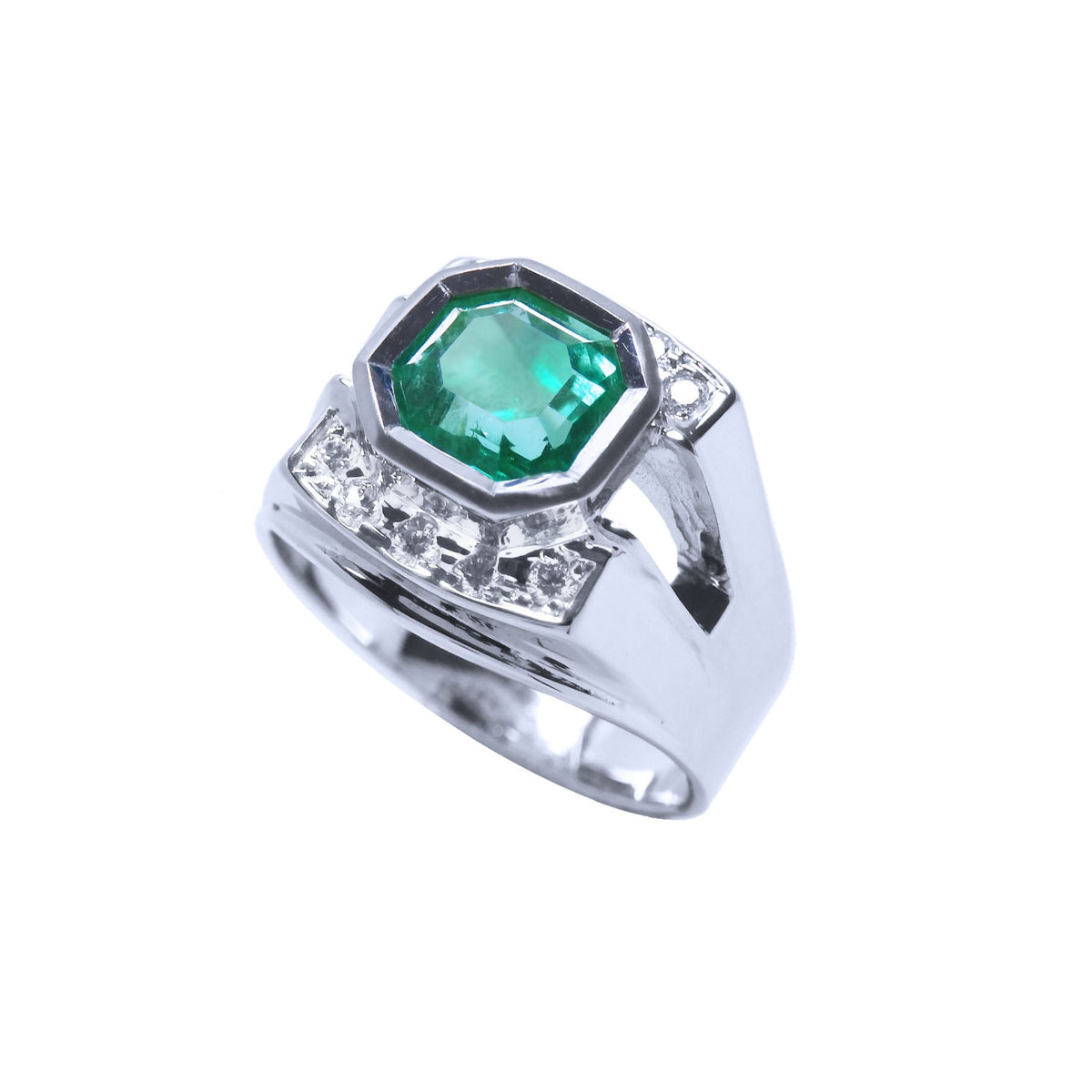 A top and side perspective of a white gold mens asscher cut emerald ring.