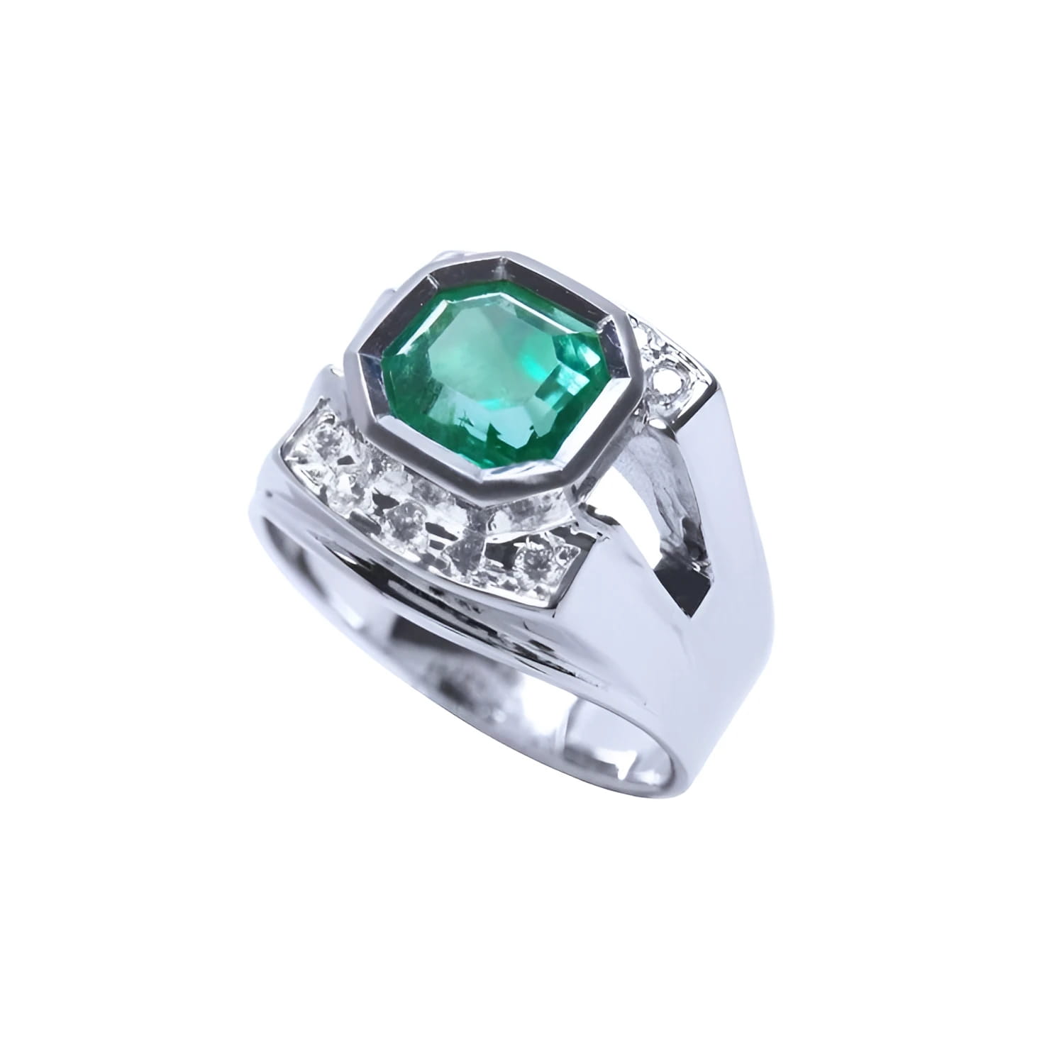 Men's 18K white gold ring with a bezel-set asscher-cut emerald and accent diamonds.
