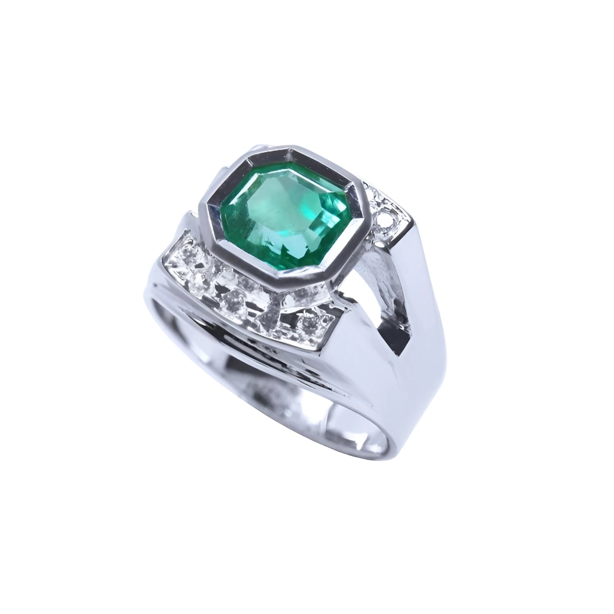 Men's 18K white gold ring with a bezel-set asscher-cut emerald and accent diamonds.