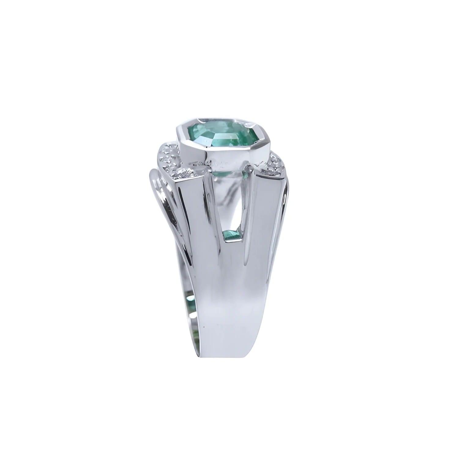Men's 18K white gold ring with a bezel-set asscher-cut bluish-green emerald and side diamonds.