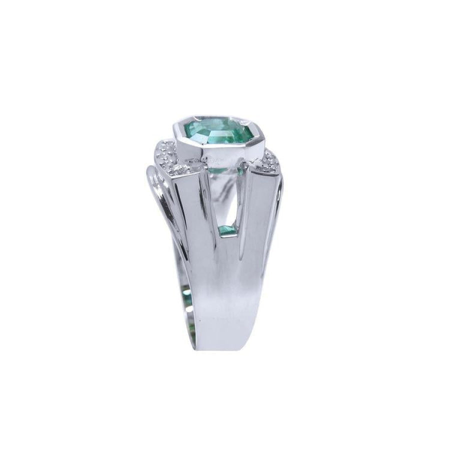Men's 18K white gold ring with a bezel-set asscher-cut bluish-green emerald and side diamonds.