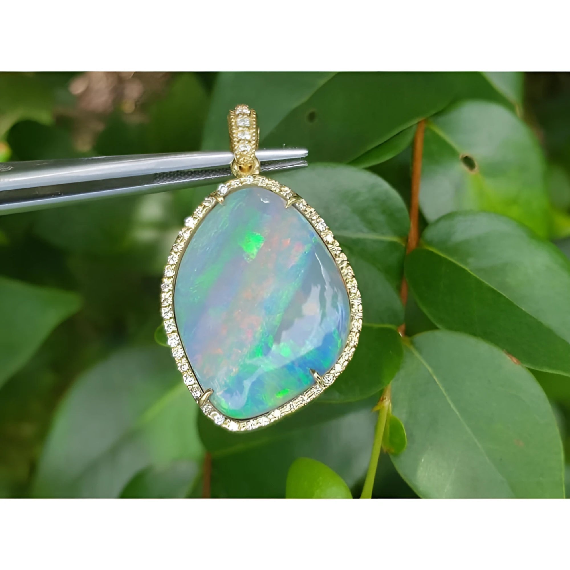 12.16 ct Australian opal pendant in 18K yellow gold, flashing bluish-green, held against leaves.