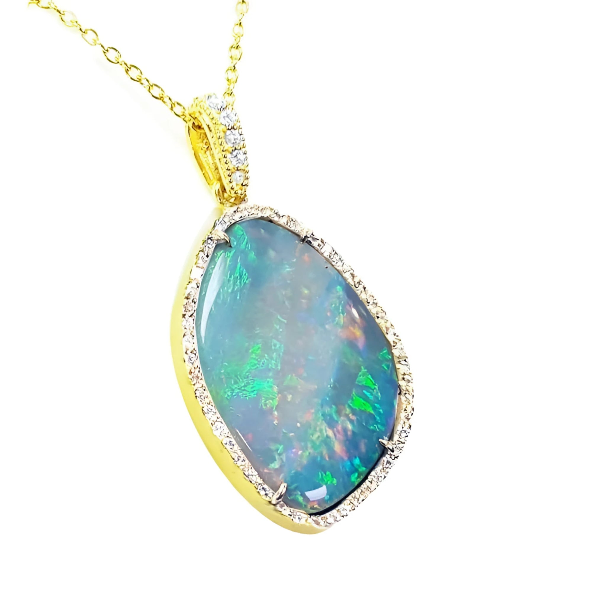 12.16 ct. Australian opal pendant with bluish-green play-of-color, set in 18K yellow gold with diamonds.