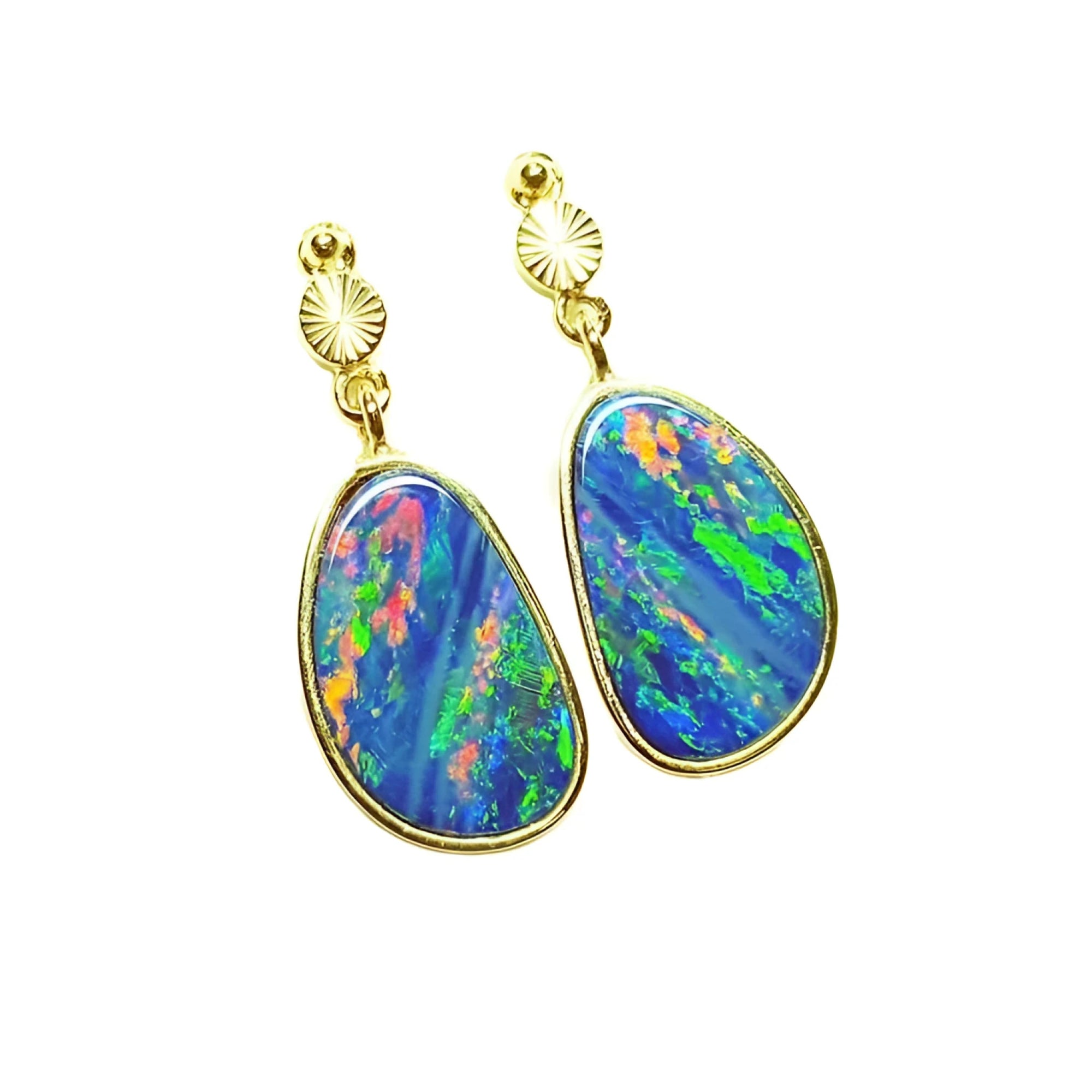 14K yellow gold dangle earrings with bezel-set, iridescent blue Australian opal doublets.