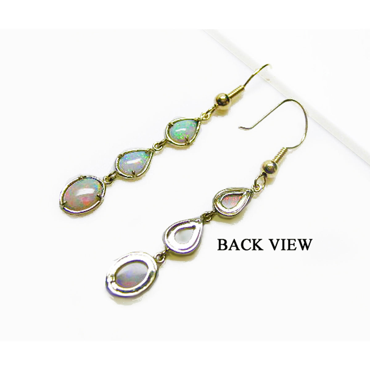Gold earrings with opal stones on a white background, labeled &#39;Back View&#39;.