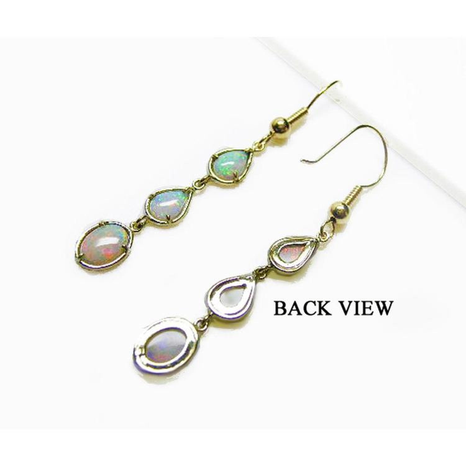Back view of 14k yellow gold dangle earrings with three pear-shaped Australian opals.