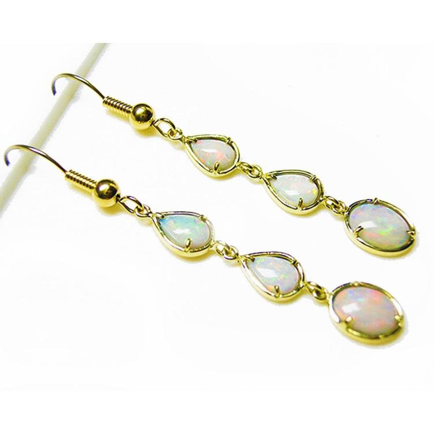 Handcrafted 14k yellow gold dangle earrings with three pear and oval-shaped natural Australian opals.