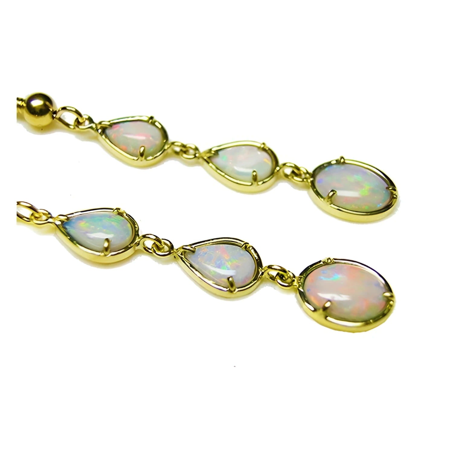Handcrafted 14k yellow gold earrings with three pear and oval-cut natural Australian opals.