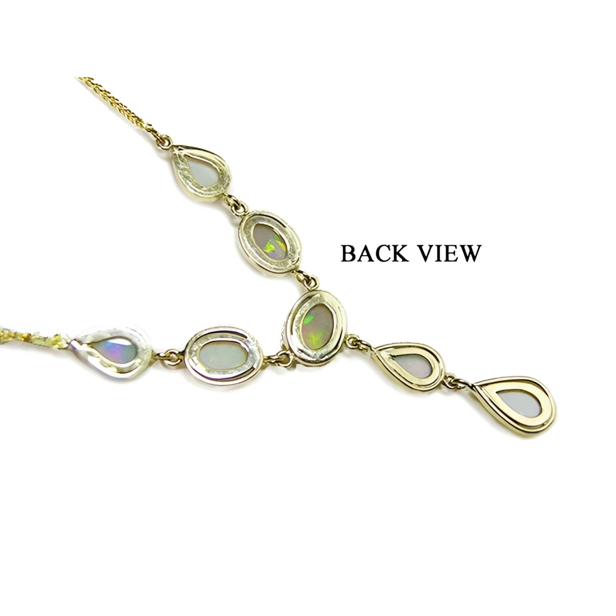 Back view of a handcrafted 14K yellow gold necklace with multiple Australian opal gemstones.
