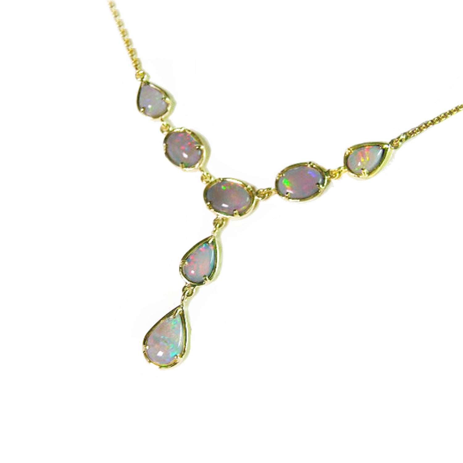 A solid Australian opal necklace with gold chain on a left-side profile view position.