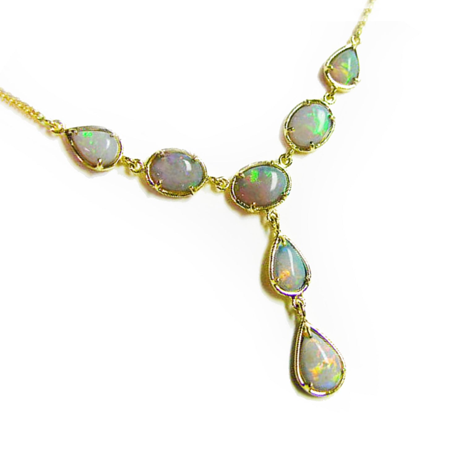 Gold necklace with natural solid Australian opal stones on a right-side view position.