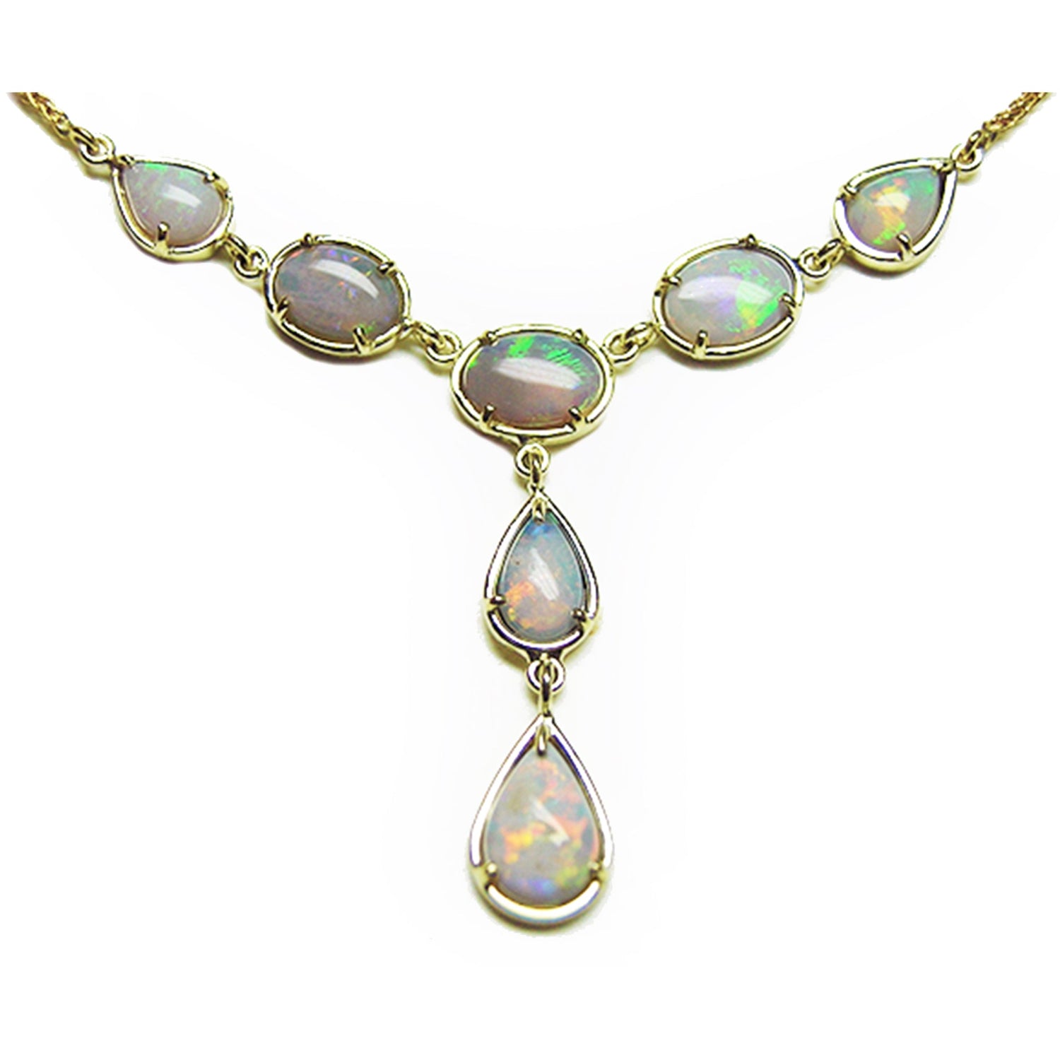 Australian opal necklace with gold setting, topside view position on a white background.